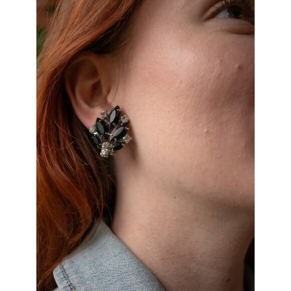 Black and Silver Vintage Glam Clip On Earrings - Picture 2 of 3